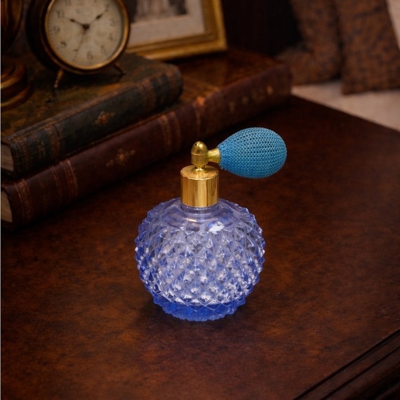 Vintage Other - Vintage Blue Cut Glass Perfume Bottle Atomizer Brass Pump Estate